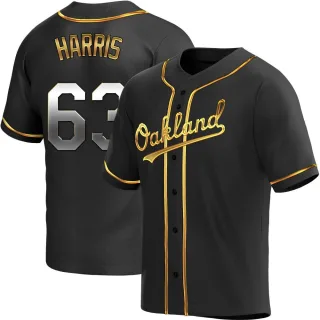 Men's Replica Black Golden Hogan Harris Oakland Athletics Alternate Jersey