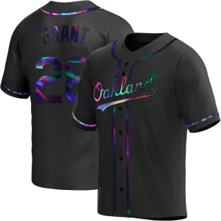 Men's Replica Black Holographic Jim Mudcat Grant Oakland Athletics Alternate Jersey