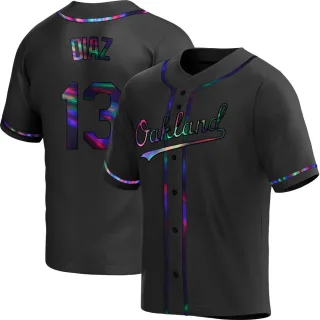 Men's Replica Black Holographic Jordan Diaz Oakland Athletics Alternate Jersey