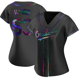 Women's Replica Black Holographic Hogan Harris Oakland Athletics Alternate Jersey